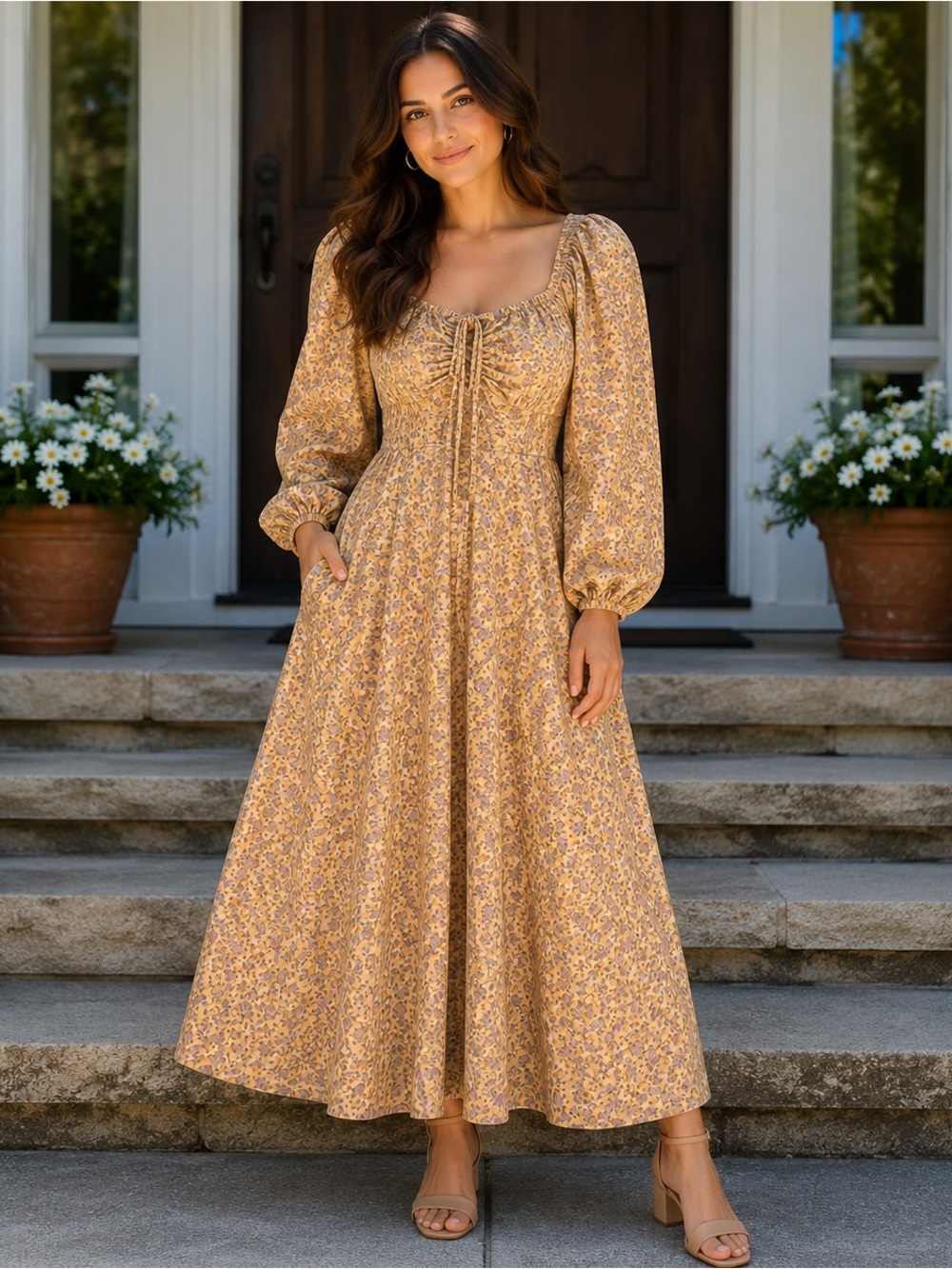 Sunrise Floral Drawstring Maxi Dress in Mustard